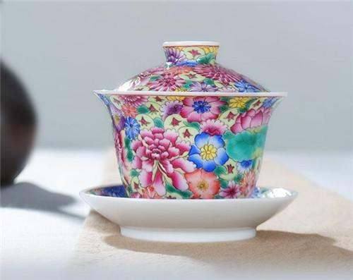 枭窑 景德镇陶瓷盖碗茶具手绘珐琅彩
