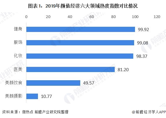 图表1:2019年颜值经济六大领域热度指数对比情况