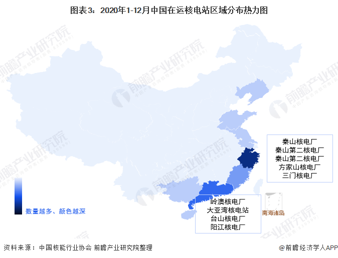 图表3:2020年1-12月中国在运核电站区域分布热力图