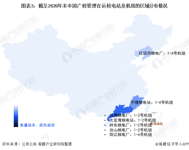 图表3:截至2020年末中国广核管理在运核电站及机组的区域分布情况