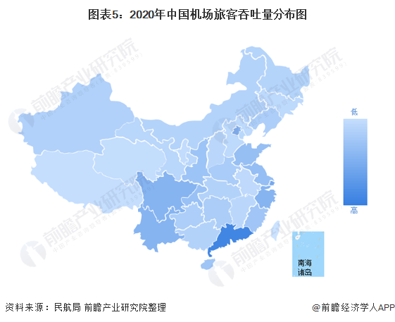 图表5:2020年中国机场旅客吞吐量分布图