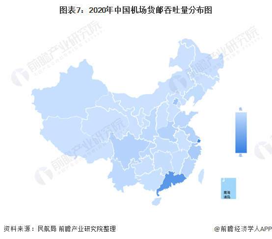 图表7:2020年中国机场货邮吞吐量分布图
