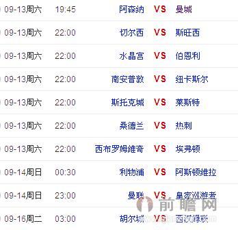 英超第四轮赛程:阿森纳VS曼城 切尔西斯旺西榜