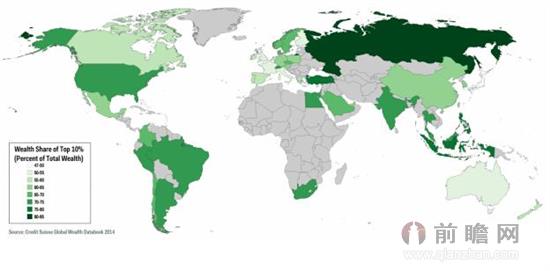 圖表1：全球各個(gè)國(guó)家最富的10%人口控制財(cái)富比例的密集度