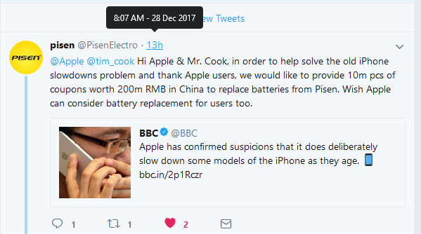 中国最大3C配件企业品胜推特留言库克，数小时后苹果终于道歉