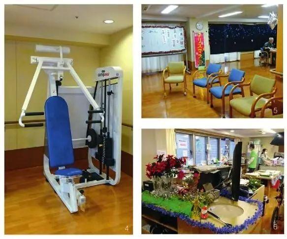 图4.康复设备图，5.三层的日间服务中心，图6.日间服务中心介护站