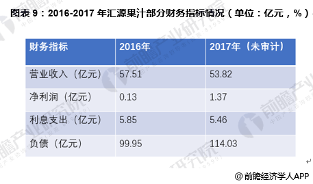 图表9：2016-2017年汇源果汁部分财务指标情况（单位：亿元，%）