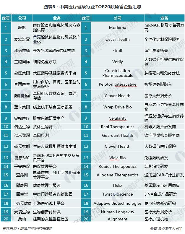 图表6：中美医疗健康行业TOP20独角兽企业汇总