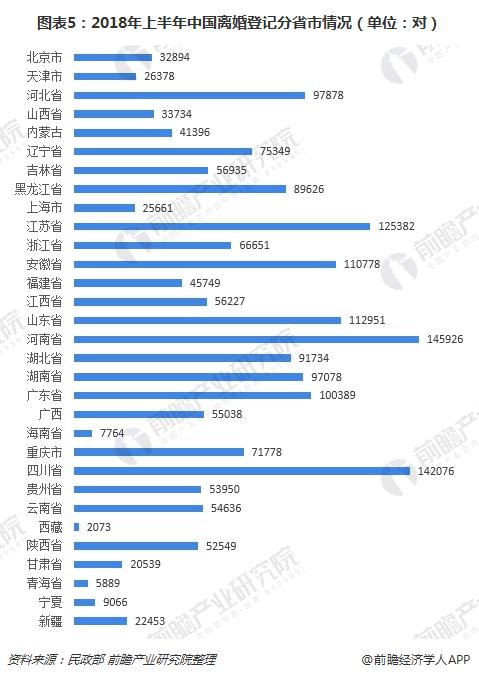 图表5：2018年上半年中国离婚登记分省市情况（单位：对）
