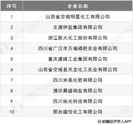 中国硝酸钾主要生产企业TOP10统计情况