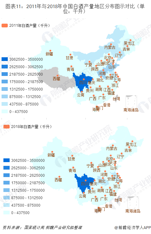 图表11：2011年与2018年中国白酒产量地区分布图示对比（单位：千升）