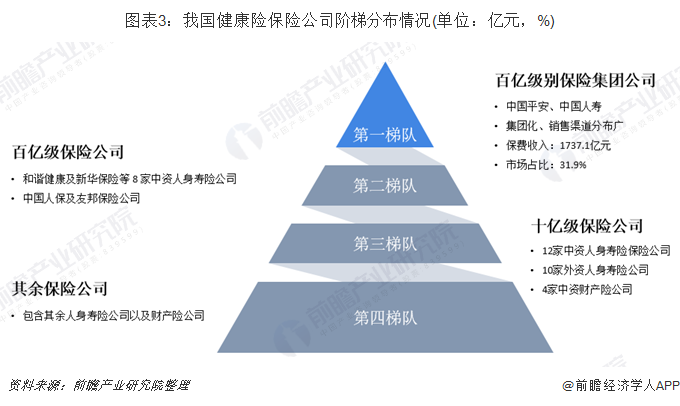 图表3：我国健康险保险公司阶梯分布情况(单位：亿元，%)