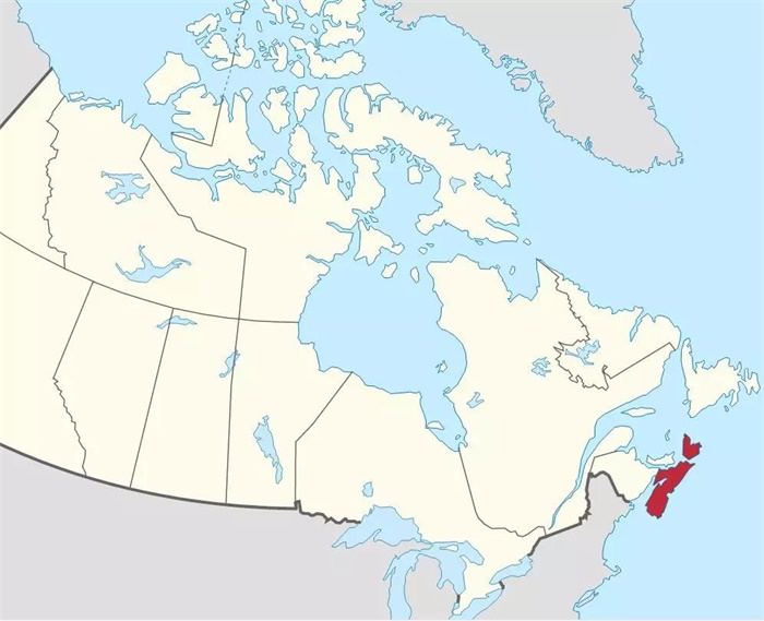 新斯科舍位于北美洲东海岸(红色部分),是加拿大最小的省之一