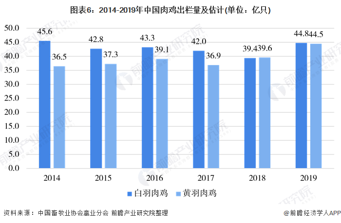 图表6：2014-2019年中国肉鸡出栏量及估计(单位：亿只)