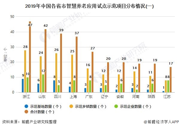 2019年中国各省市智慧养老应用试点示范项目分布情况(一)