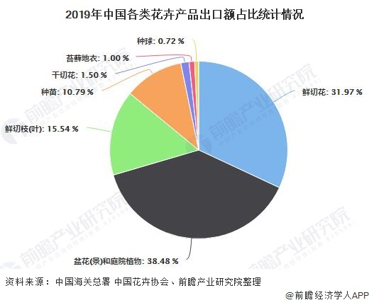 2019年中国各类花卉产品出口额占比统计情况