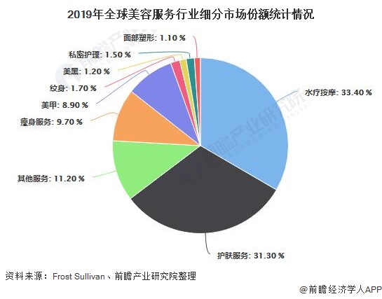 2019年全球美容服务行业细分市场份额统计情况