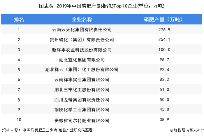 图表6：2019年中国磷肥产量(折纯)Top 10企业(单位：万吨)