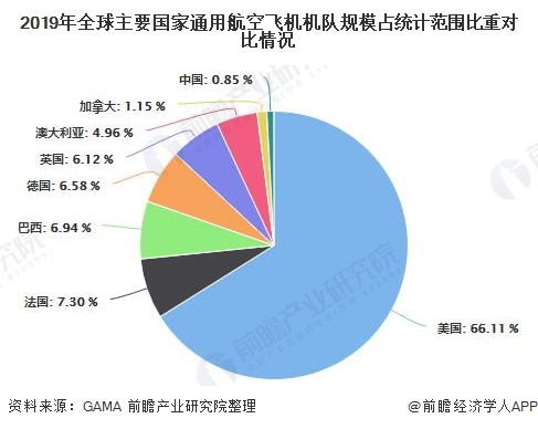 2019年全球主要国家通用航空飞机机队规模占统计范围比重对比情况