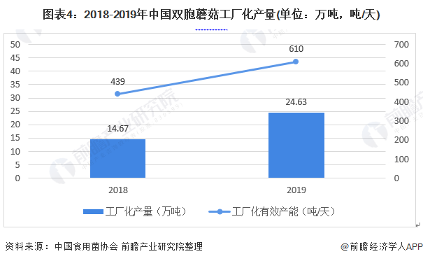 图表4：2018-2019年中国双胞蘑菇工厂化产量(单位：万吨，吨/天)