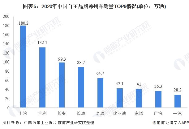 图表5：2020年中国自主品牌乘用车销量TOP9情况(单位：万辆)