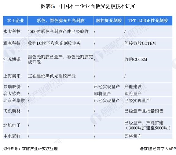 图表5：中国本土企业面板光刻胶技术进展