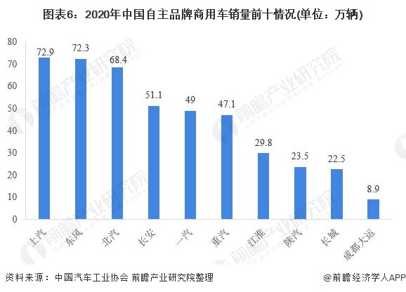 图表6：2020年中国自主品牌商用车销量前十情况(单位：万辆)