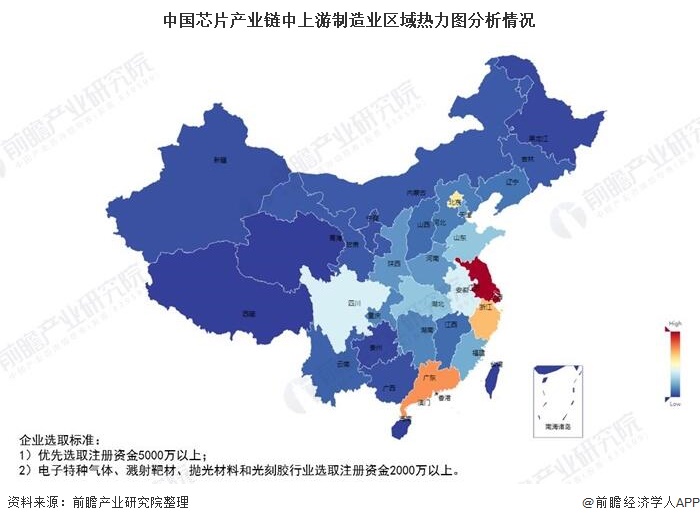 中国芯片产业链中上游制造业区域热力图分析情况