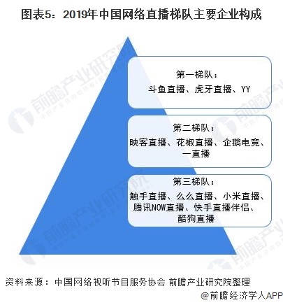图表5：2019年中国网络直播梯队主要企业构成