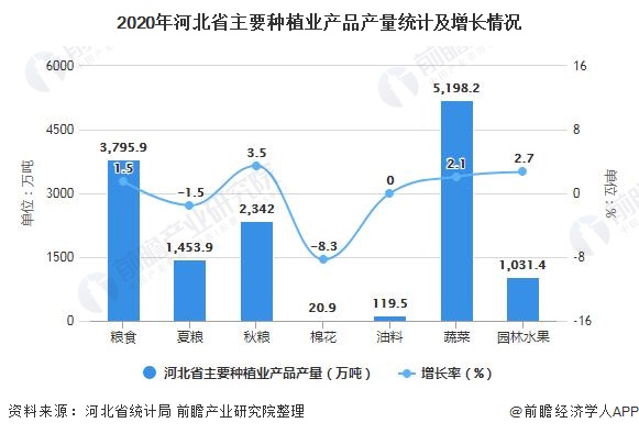 2020年河北省主要种植业产品产量统计及增长情况