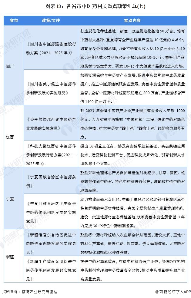 图表13：各省市中医药相关重点政策汇总(七)
