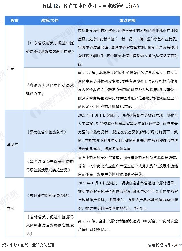 图表12：各省市中医药相关重点政策汇总(六)