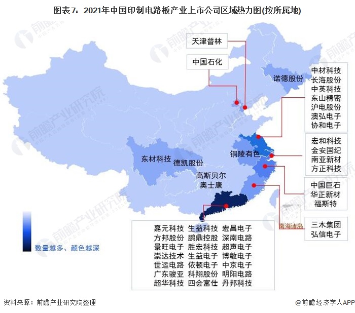 图表7：2021年中国印制电路板产业上市公司区域热力图(按所属地)