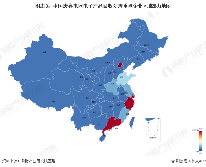 图表3：中国废弃电器电子产品回收处理重点企业区域热力地图