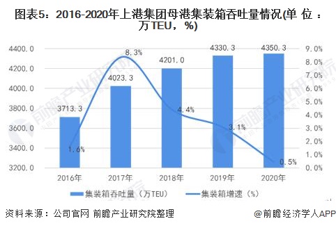 图表5：2016-2020年上港集团母港集装箱吞吐量情况(单位：万TEU，%)