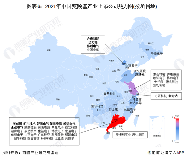 图表6：2021年中国变频器产业上市公司热力图(按所属地)