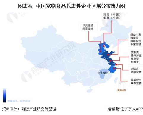 图表4：中国宠物食品代表性企业区域分布热力图