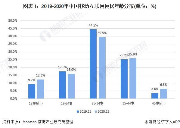 图表1：2019-2020年中国移动互联网网民年龄分布(单位：%)