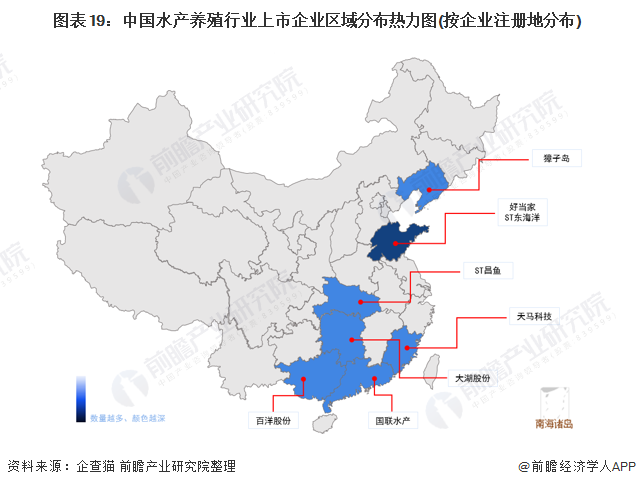 图表19：中国水产养殖行业上市企业区域分布热力图(按企业注册地分布)