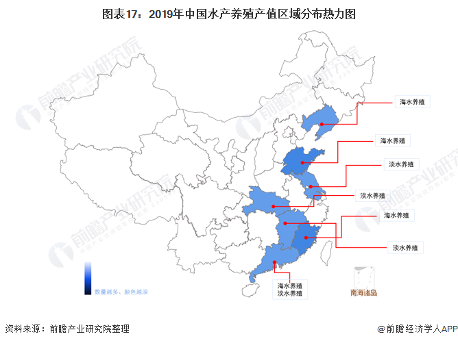 图表17：2019年中国水产养殖产值区域分布热力图