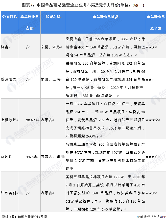 图表7：中国单晶硅站运营企业业务布局及竞争力评价(单位：%)(二)