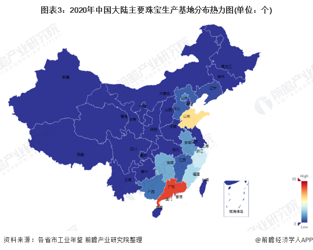 图表3：2020年中国大陆主要珠宝生产基地分布热力图(单位：个)