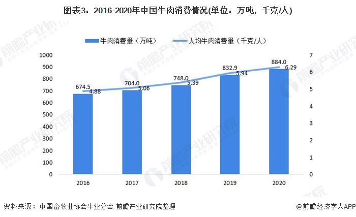 图表3：2016-2020年中国牛肉消费情况(单位：万吨，千克/人)