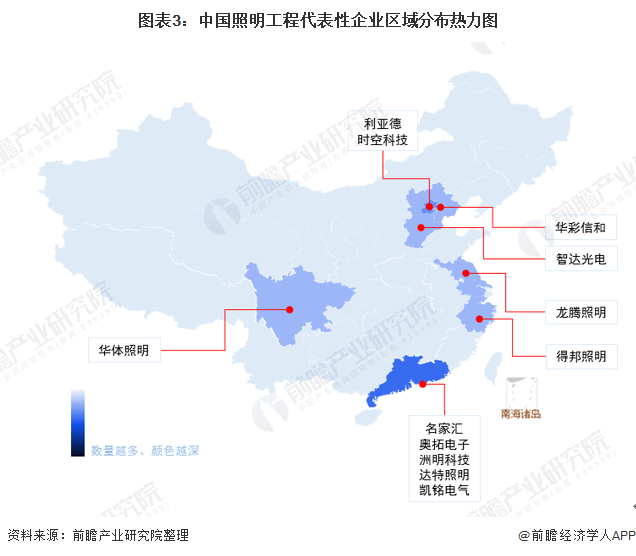 图表3：中国照明工程代表性企业区域分布热力图