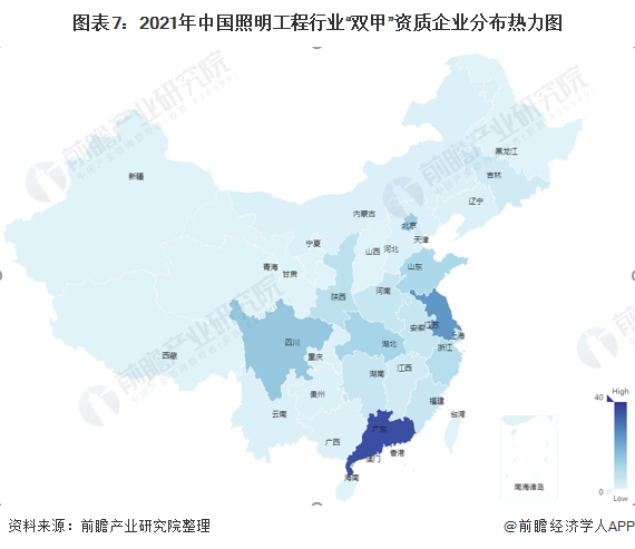图表7：2021年中国照明工程行业“双甲”资质企业分布热力图
