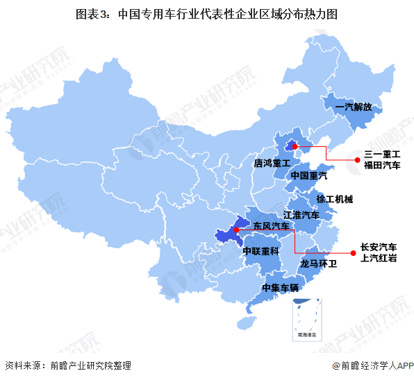 图表3：中国专用车行业代表性企业区域分布热力图