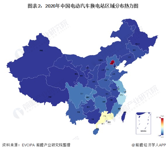 圖表2：2020年中國電動(dòng)汽車換電站區(qū)域分布熱力圖