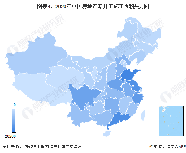 图表4：2020年中国房地产新开工施工面积热力图