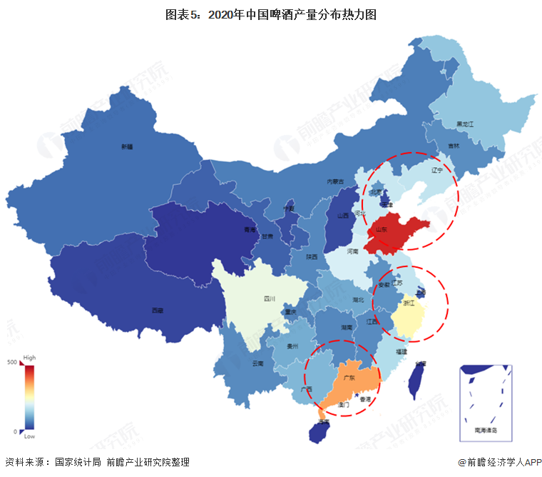 图表5：2020年中国啤酒产量分布热力图