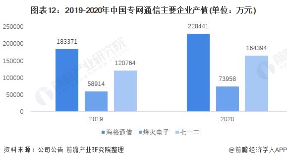 图表12：2019-2020年中国专网通信主要企业产值(单位：万元)